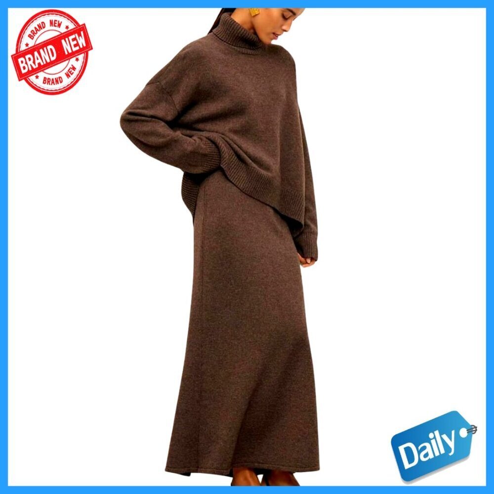 Ribbed Knit Two-Piece Set Turtleneck Sweater A-Line Skirt Outfit
